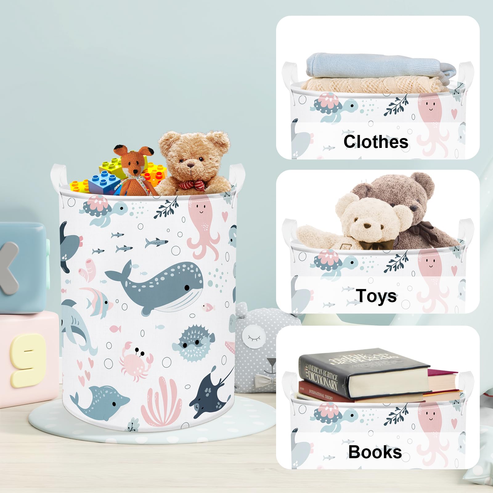 ONOEV Foldable Round Laundry Basket With Handle - Waterproof Shark Design For Toys & Clothes - View #2