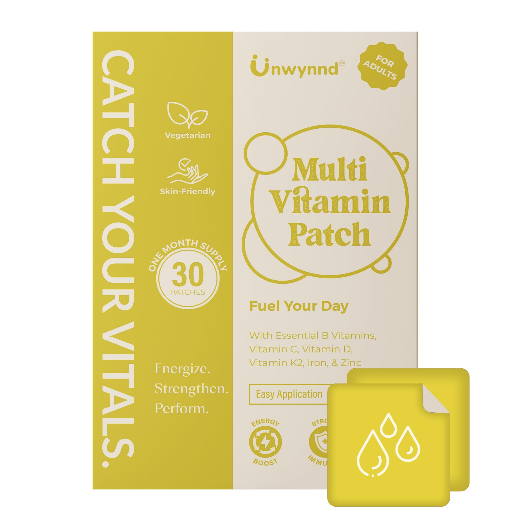 Unwynnd Multivitamin Patches for Men & Women | Boosts Energy, Immunity, Bone & Heart Health | Comprehensive A-Z Multivitamins & Minerals | Skin-Friendly, Easy-Use, & Veg | 30 Patches