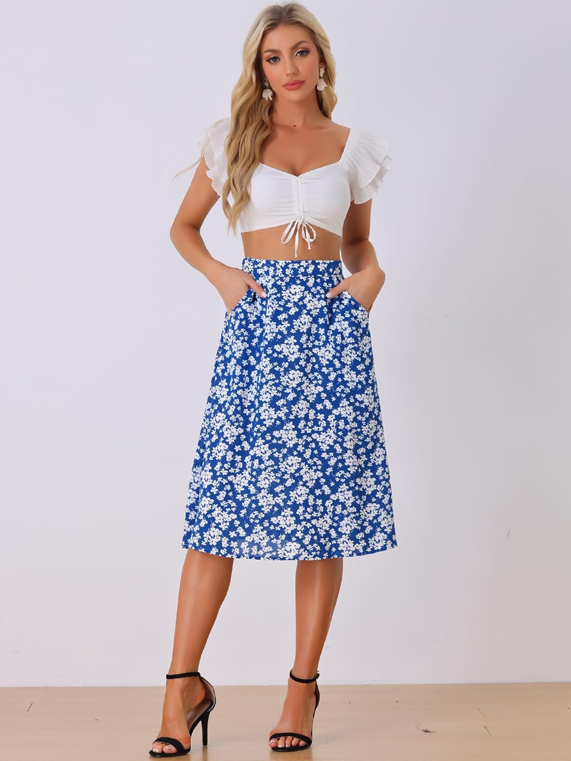 Allegra K Women's Floral Skirt A-Line Midi Skirt Chiffon Elegant 2025 Fall Skirts with Pockets - Image 3