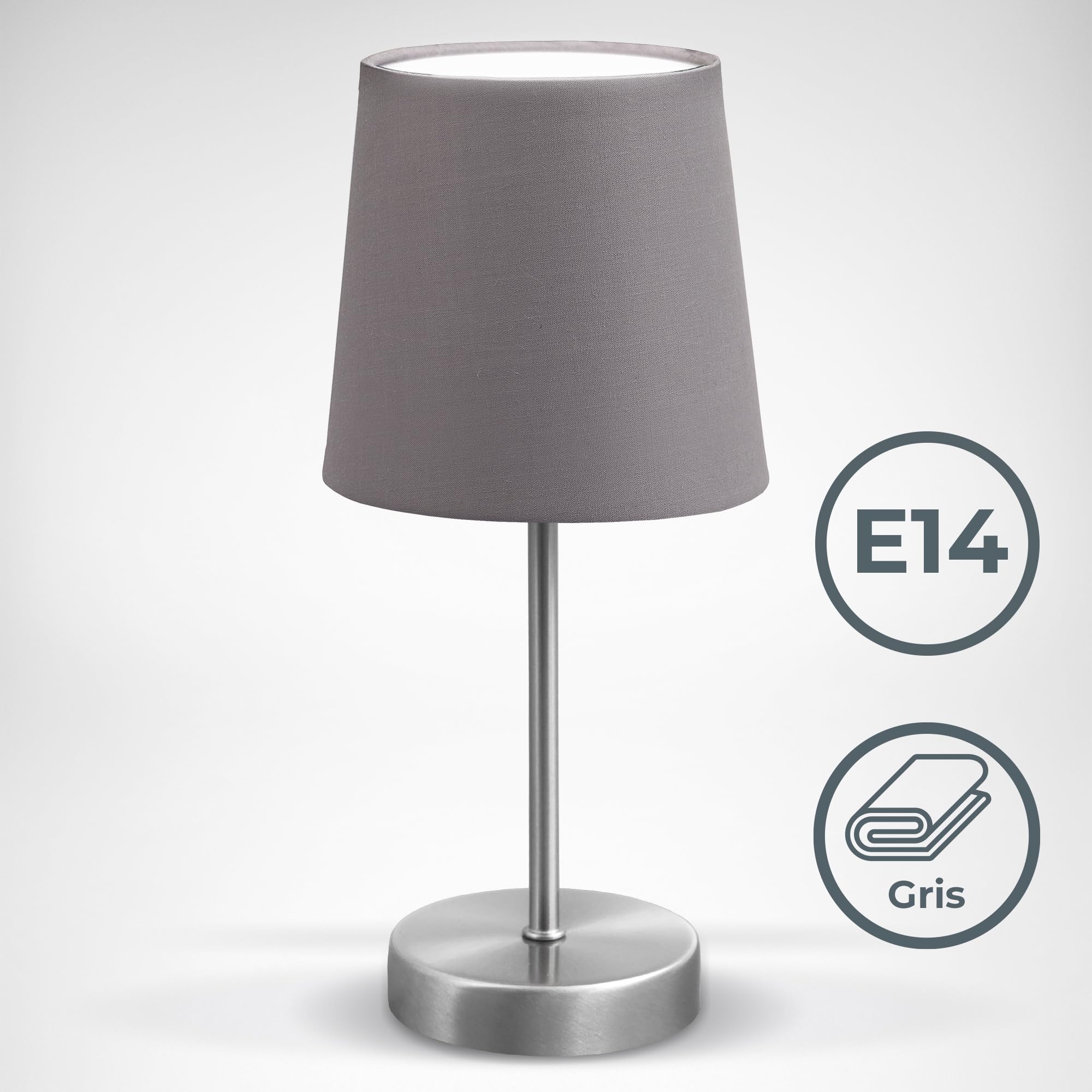B.K.Licht - Lampe de chevet avec interrupteur à câble, douille E14, abat-jour en tissu, lampe de bureau, lampe de table, lampe de chevet chambre, lampe chevet, 30,8x10 cm, nickel mat