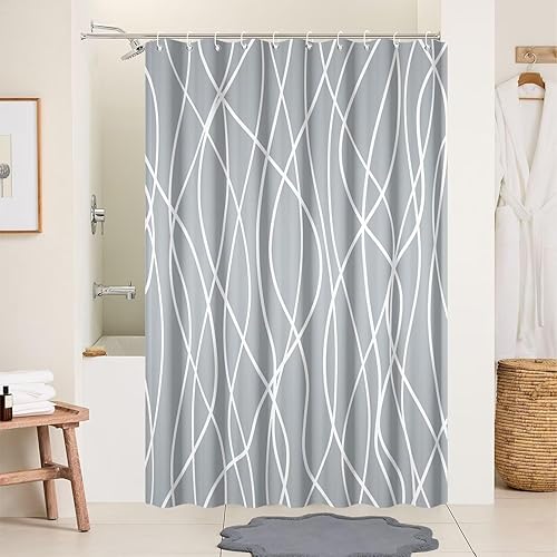 Miniatura 218 de Cortina de ducha pequeña a rayas gris claro degradado para baño, 36 x 72 pulgadas, juego de cortina de ducha geométrica para cabina de RV con Gris