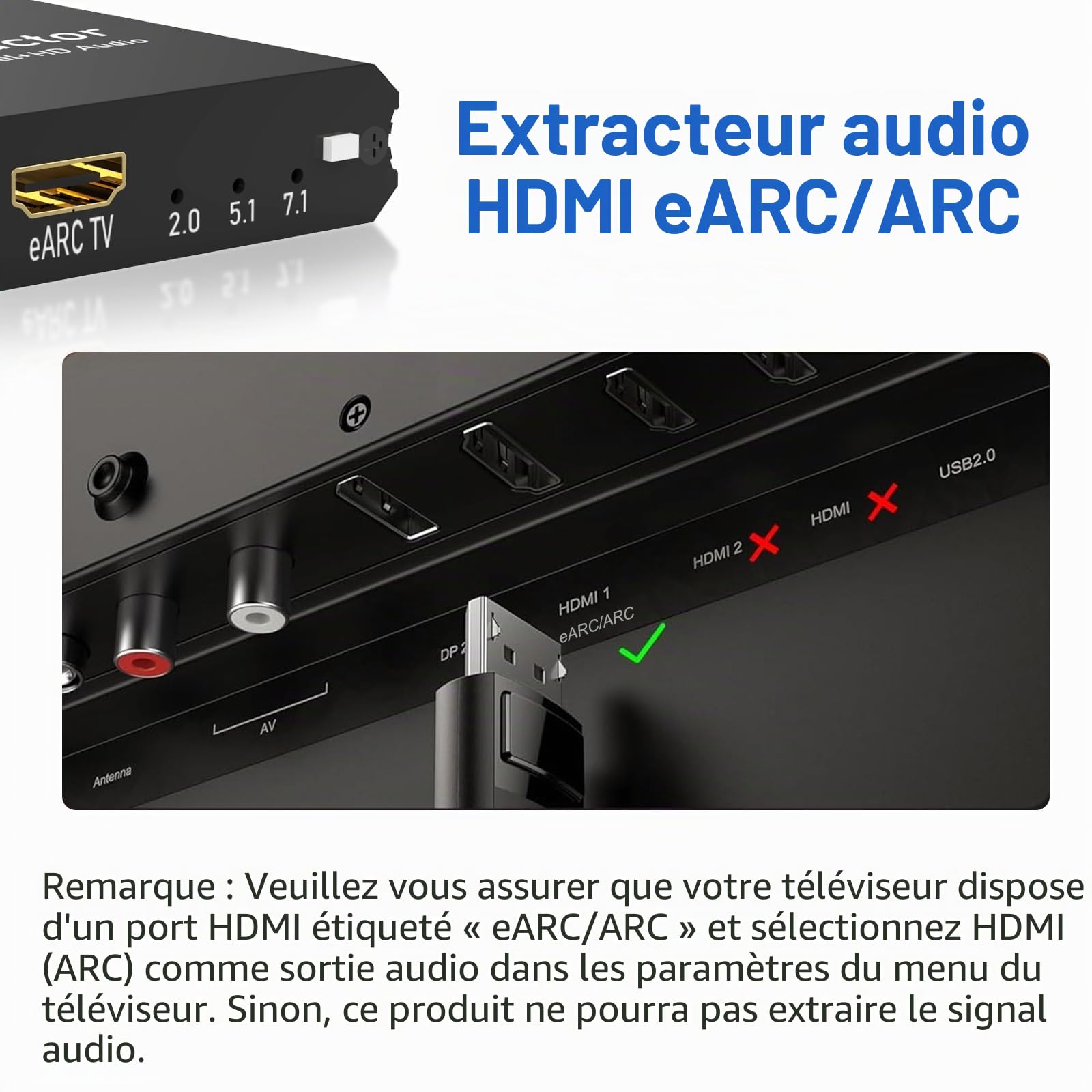 Tendak 192 KHz eARC/ARC Extracteur audio convertisseur audio numérique-analogique HDMI eARC/ARC+optique vers HDMI+L/R+stéréo 3,5 mm pour amplificateur d'enceintes de barre de son HDTV et casques audio