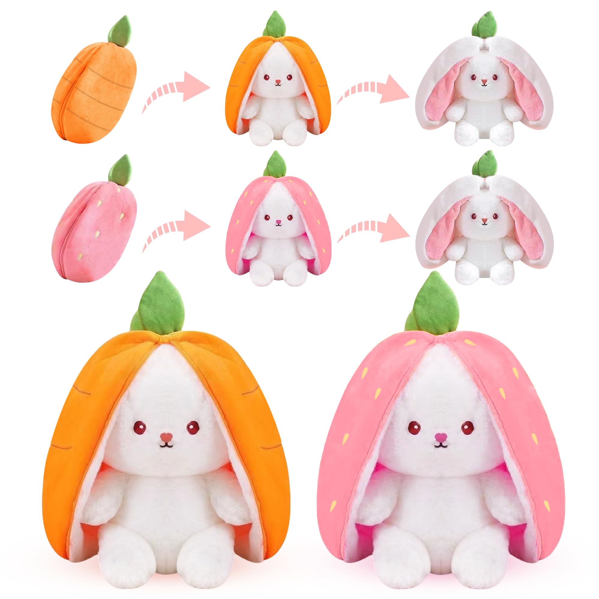Augacage2 Pcs Easter Bunny Plush Reversible Carrot Strawberry Bunny Plush Cute Bunny with Zipper Suitable Gift for Boys Kids Girls （10"）