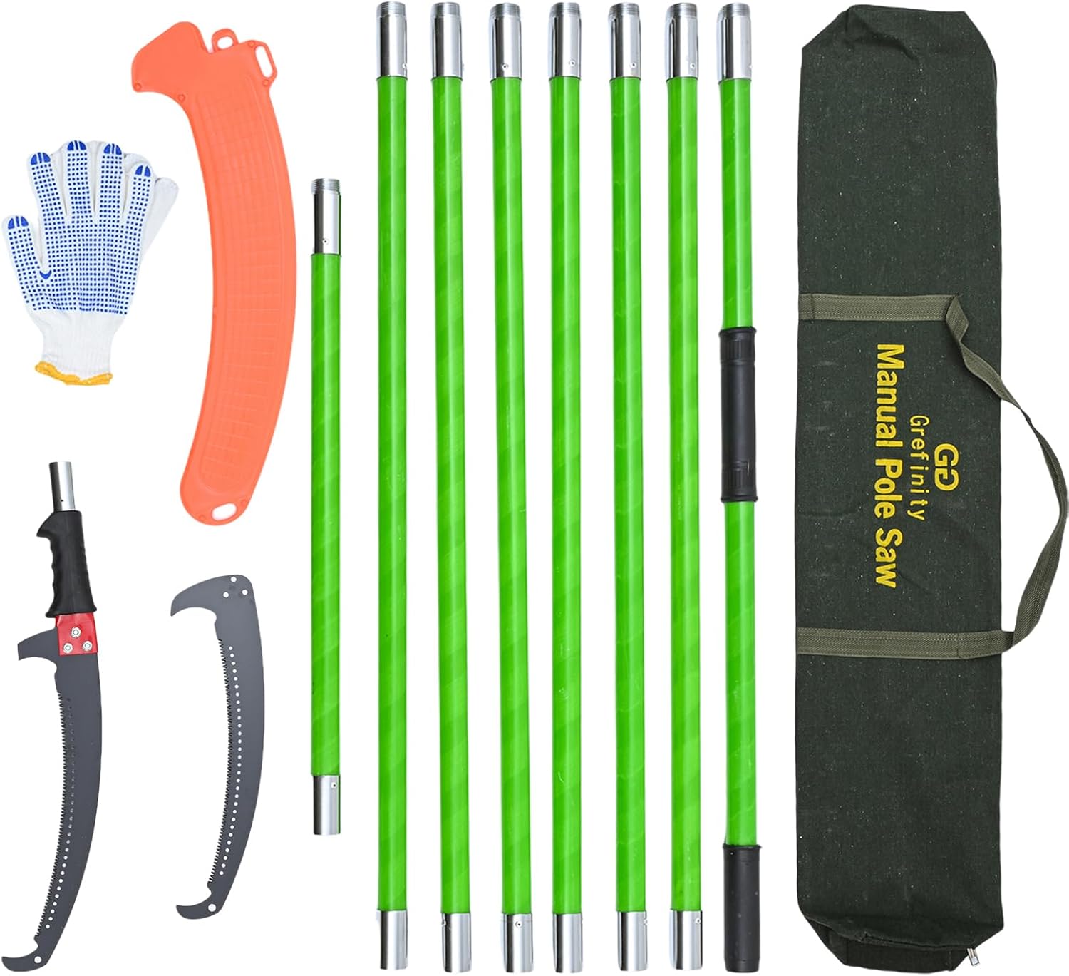 27FT Manual Pole Saw, Tree Branch Trimmer with 8-Section Fiberglass Handle, Sharp Steel Blade, Lightweight Extendable Design for High Branch Trimming, Ideal for Palms and Shrubs 7.8-27 ft Green