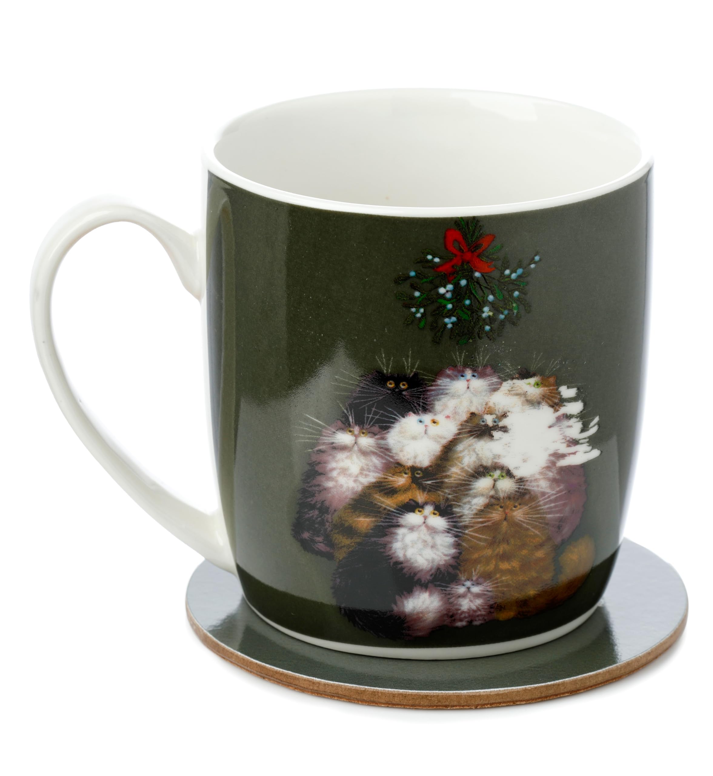 Puckator Men's Multicolour Kim Haskins 12 Cats Of Christmas Porcelain Tea Coffee Mug & Coaster Set Funny Home Accessories For Girlfriend Large Mugs For Wo Hot Drinks Cups Presents Secret Santa Gift