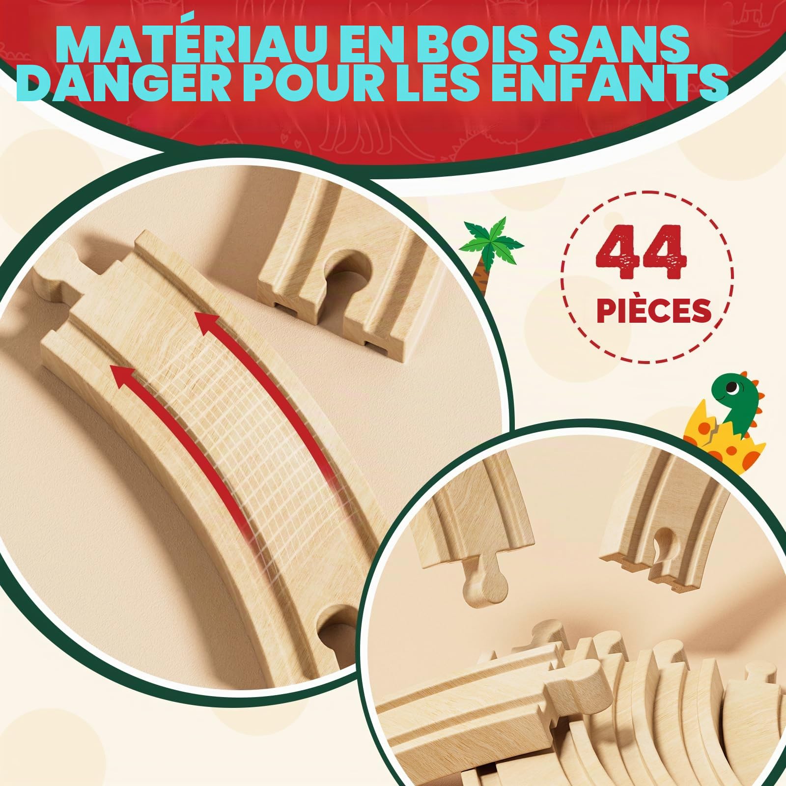 Lehoo Castle Train en Bois, Dinosaure Jouet pour Enfants 3+ Ans | Train Dino avec 2 Wagons, Tunnel Volcan, Grue Magnétique, Compatible avec les Rails en Bois, Cadeau pour Filles et Garçons