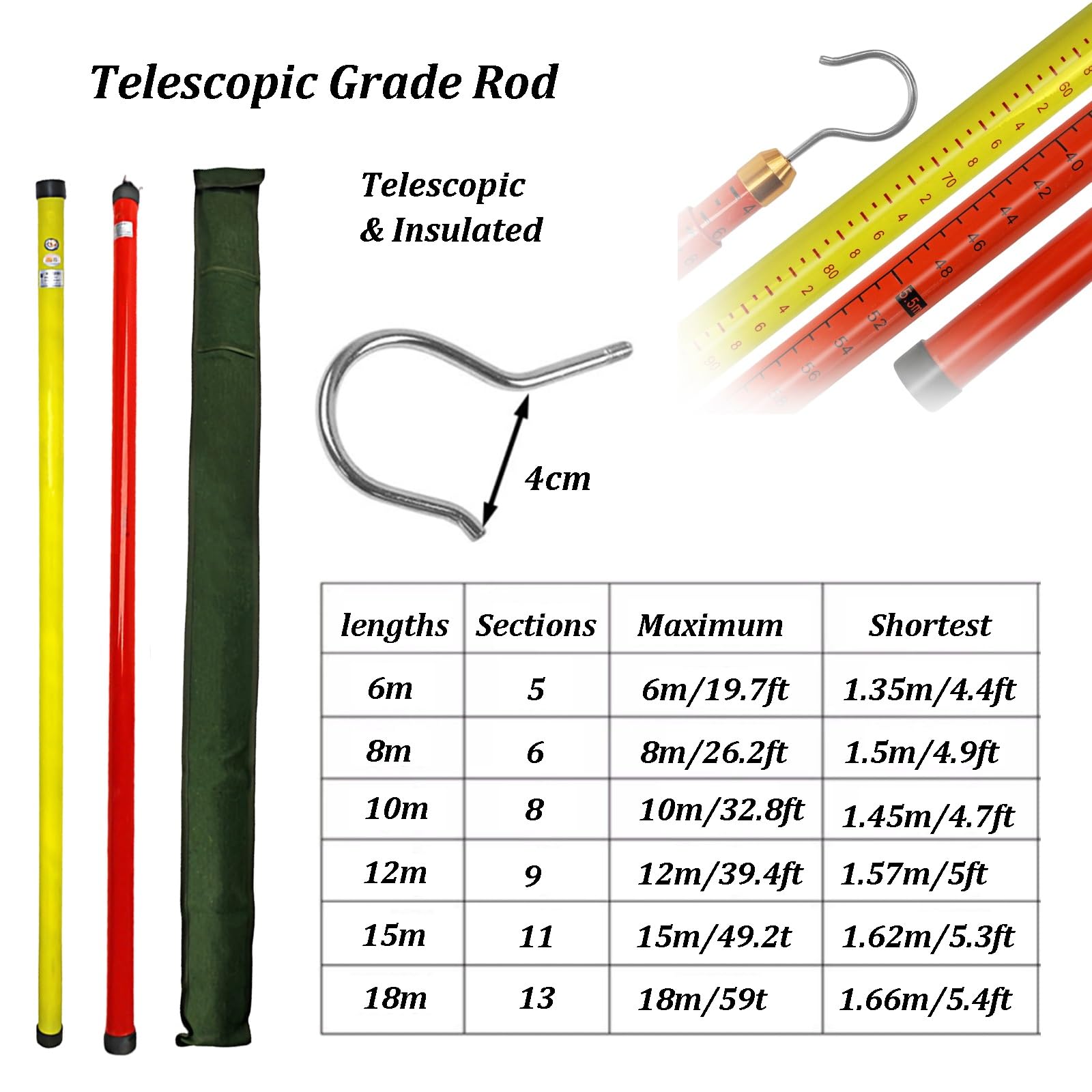 Asta Di Misurazione Telescopica Isolata, Strumento Di Misurazione Estensibile, Asta Graduata In Resina Epossidica Con Custodia, Asta Resistente(B,6m)
