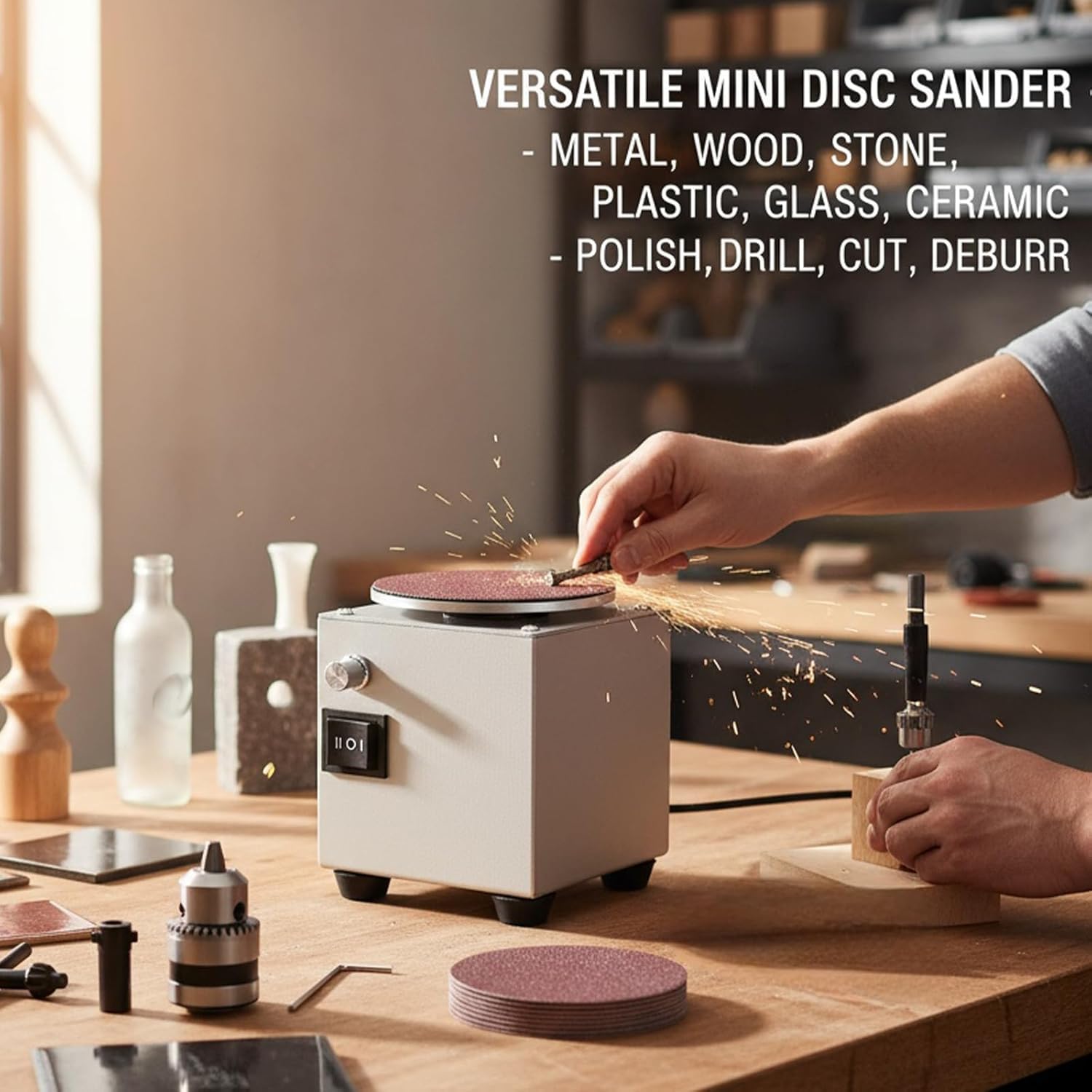 4 Mini Levigatrici A Disco - Levigatrice Elettrica da Banco Compatta con Controllo Continuo della velocità (3000-6000 Giri/min) per Lucidatura, Taglio E Sbavatura di Legno, Metallo E Pietra -