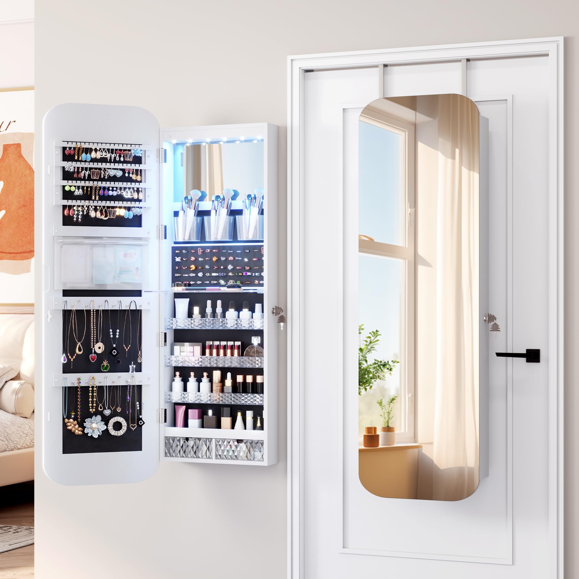 Vlsrka Oval Armario Joyero con Luz, LED Armario Espejo Joyero de pared, Espejo joyeros de puerta con Cerradura, Armario Espejo colgante Con luces, Ovalado Espejo joyeros, Regalo mujere, Blanco