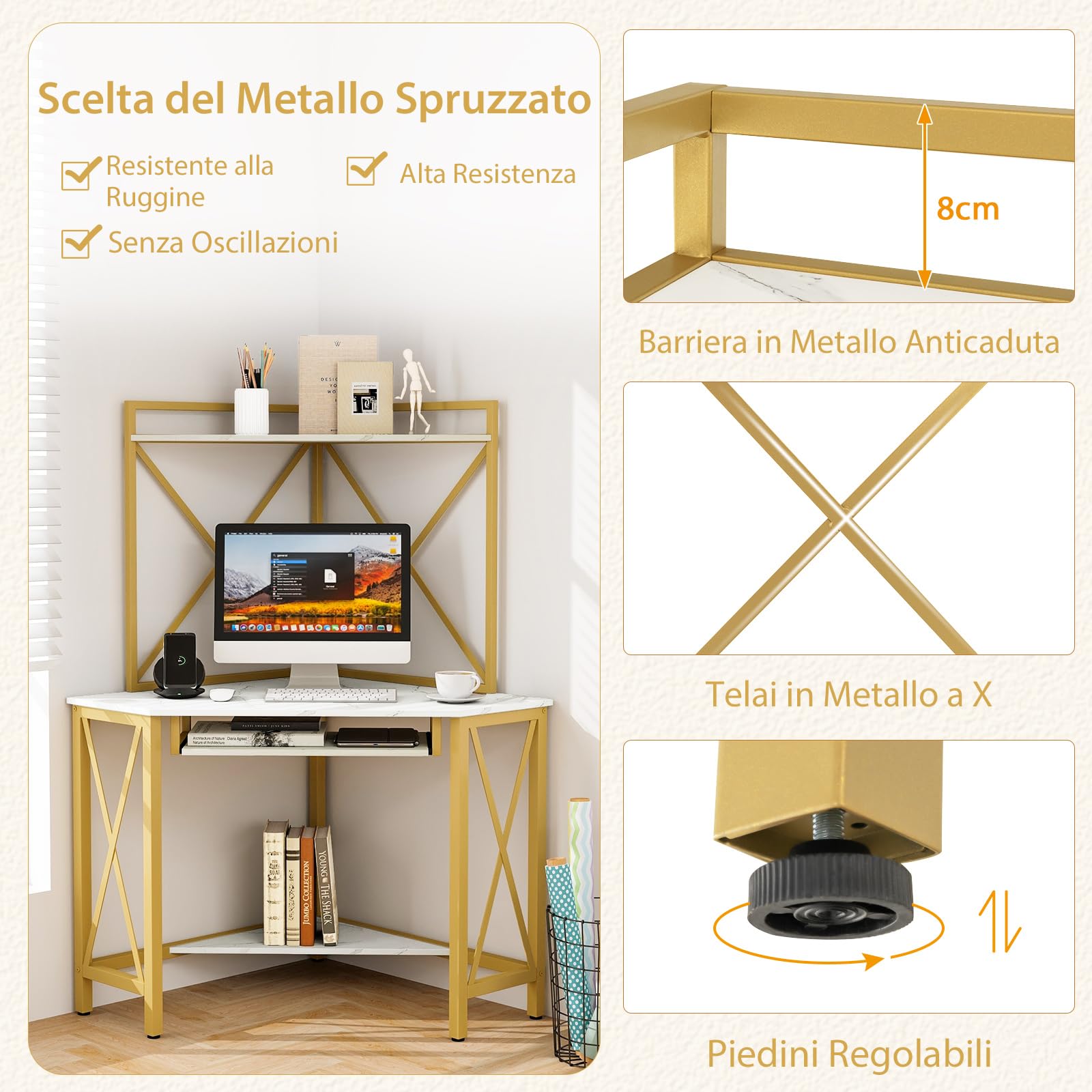 GYMAX Scrivania Angolare per Computer con Prese e Porte USB, Scrivania d'Angolo con Ripiani e Porta Tastiera, per Ufficio Casa Salvaspazio (Bianco)