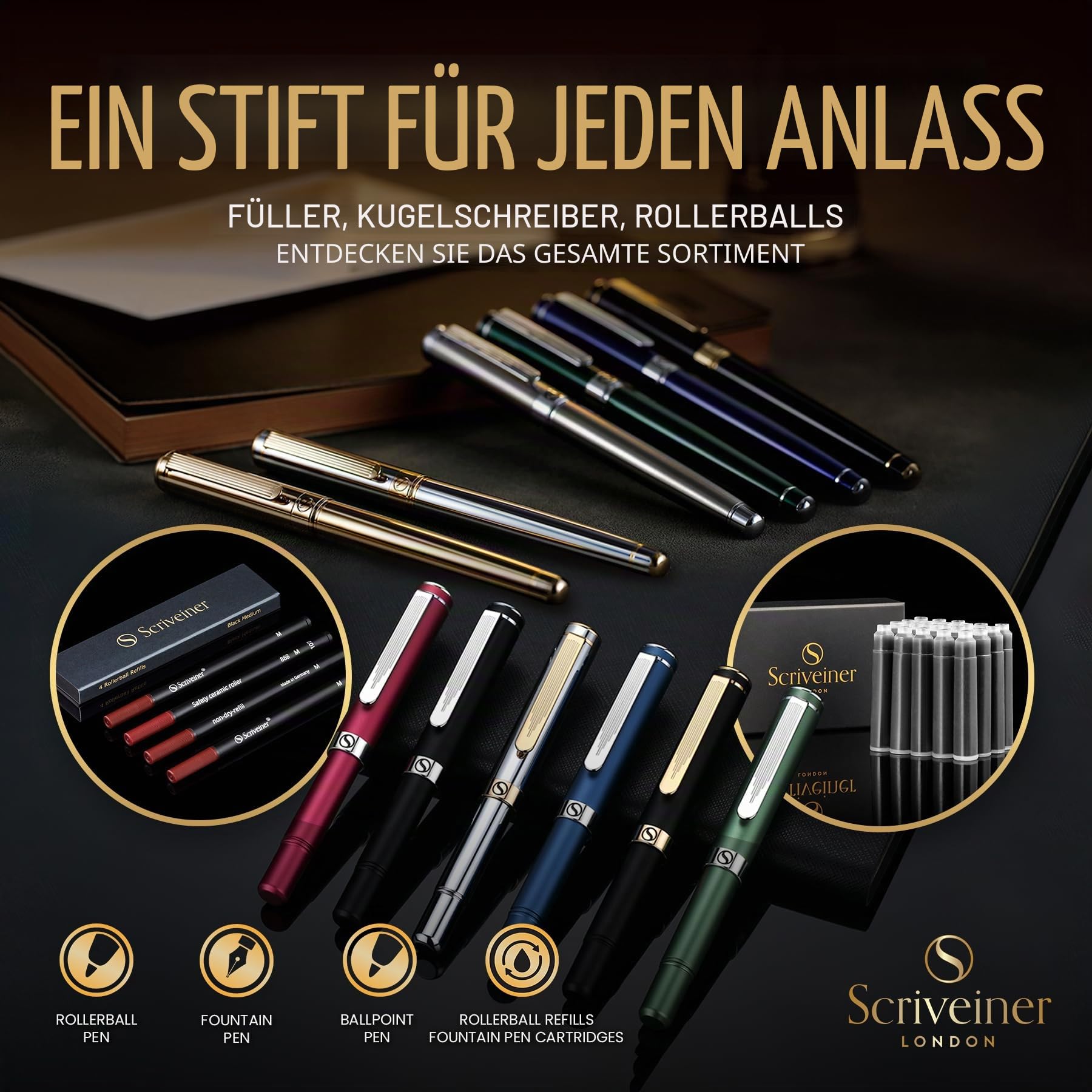 Scriveiner Silber Füllfederhalter Füller Edel mit Echtgold-Finish, Schmidt vergoldete Feder (mittel), Bestes Geschenk für Herren und Damen, Manager, Führungskräfte (Silber Chrom)