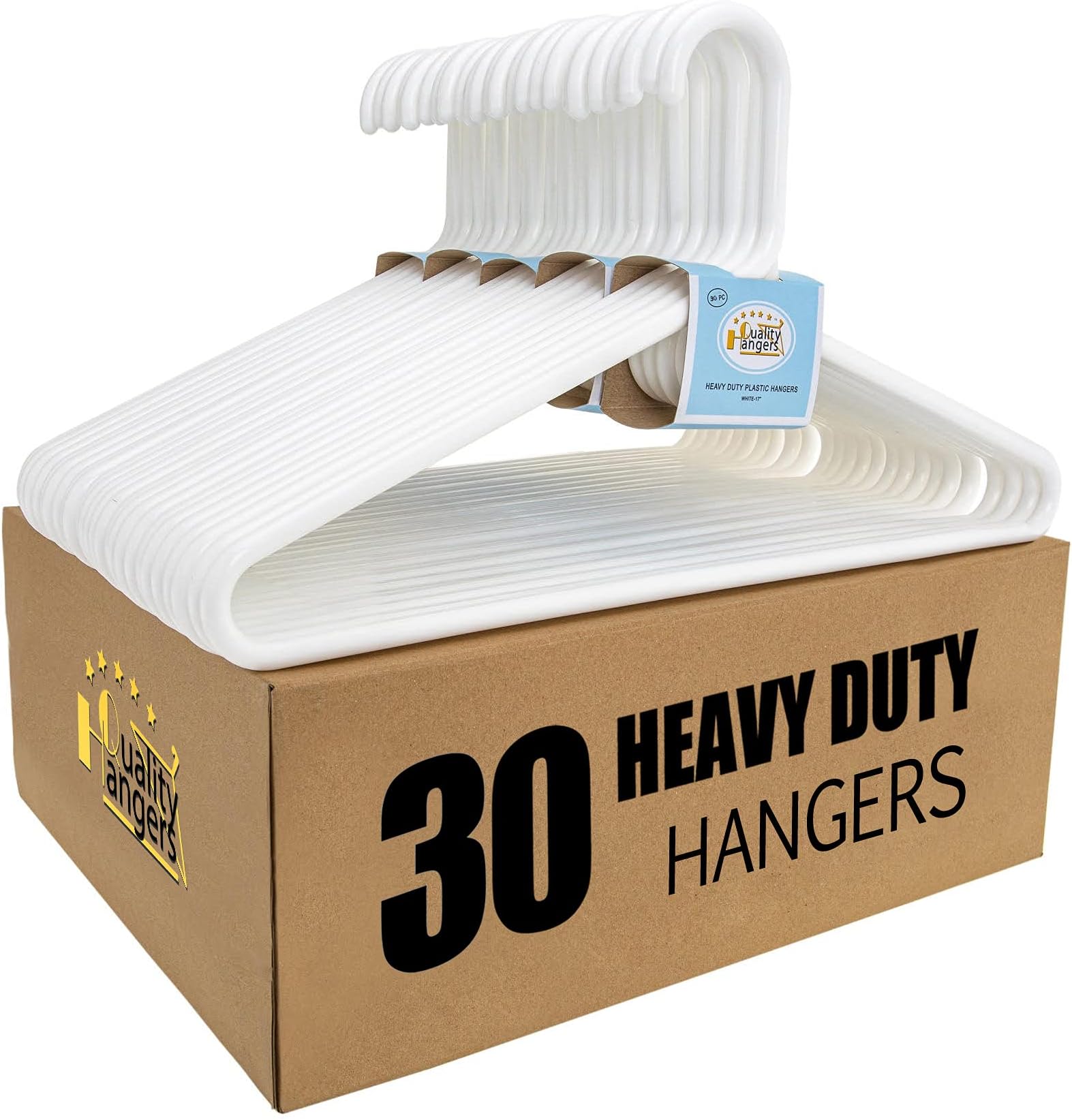 Quality White Hangers 30-Pack - Super Heavy Duty Plastic Clothes Hanger Multipack - Thick Strong Standard Closet Clothing Hangers with Hook for Scarves and Belts-17 inch Coat Hangers (White, 30)