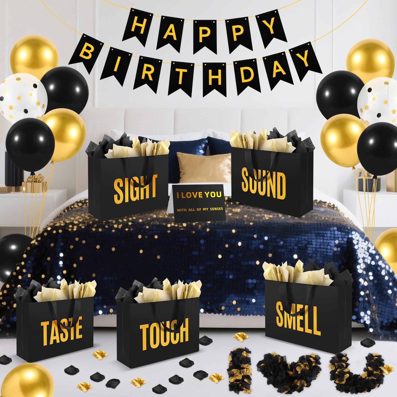 5 Senses Gift Bags For Him Her With Labels Tissue Paper and Handles, Comes With Birthday Decoration Rose Petals and Happy Birthday Banner Balloons for Valentine's Day (Black Gold, 12.6 x 8.7 x 4 inch)