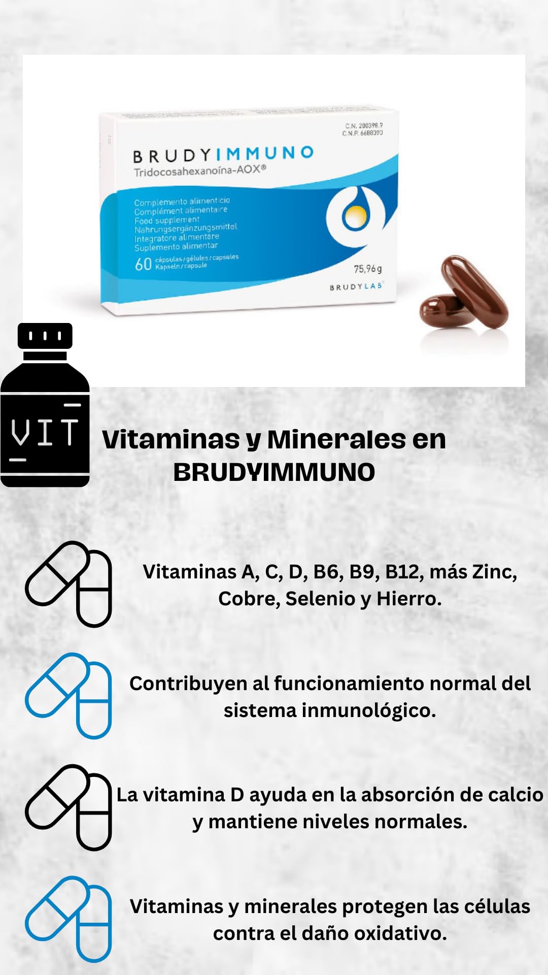BRUDY IMMUNO, 60 cápsulas, complemento alimenticio | Ayuda al funcionamiento de defensas y sistema inmunológico | Con Tridocosahexanoína-AOX, ácidos grasos Omega3, vitaminas y minerales