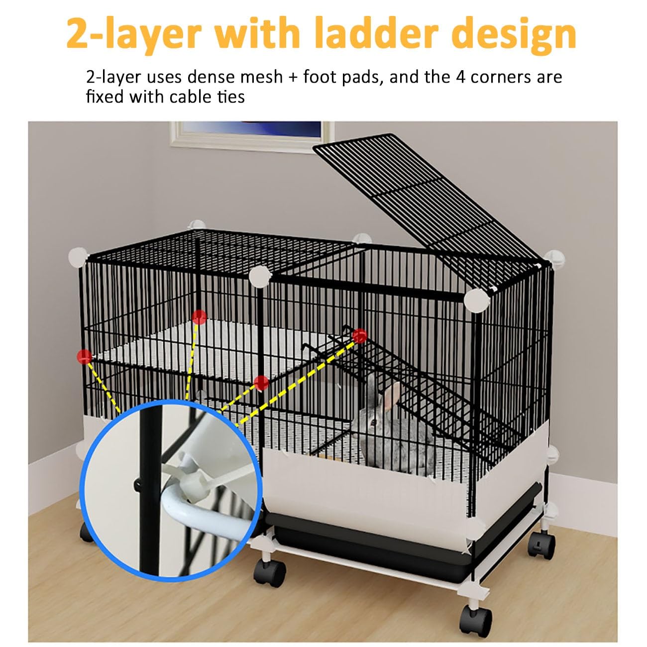 Gabbia Per Conigli Nynelly 75x39x90 Cm - 2 Ripiani, Protezione Urina, Rete Metallica, Per Piccoli Animali - Foto 3