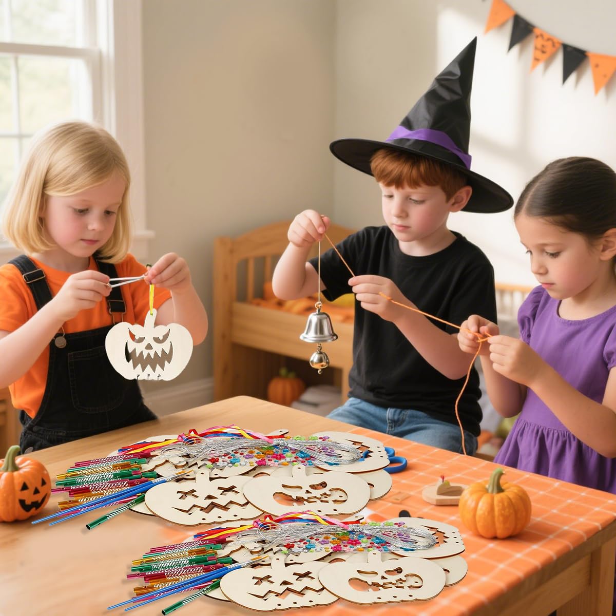 Kit Carillons Éoliens DIY Halloween Citrouille - 9 Pièces En Bois à Peindre Pour Décoration Jardin Intérieur Extérieur