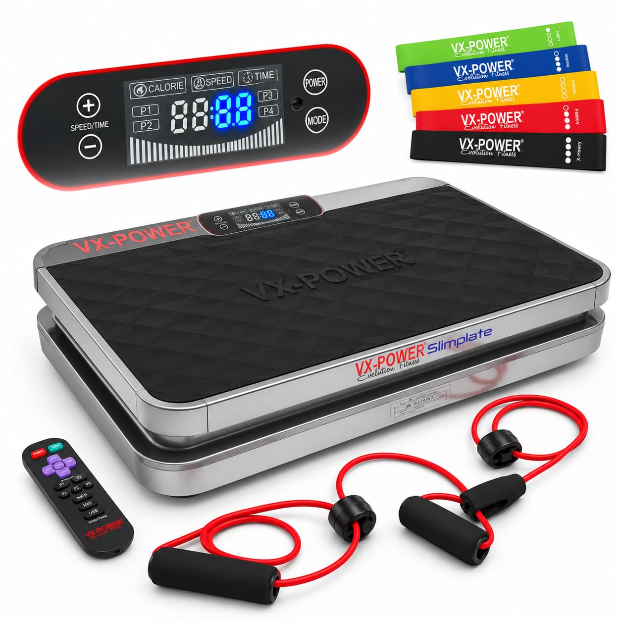 VX-Power Slimplate - Placa de vibración digital - Plataforma de vibración de cuerpo entero - Máquina de ejercicio en casa para pérdida de peso, tonificación y bienestar (plata)