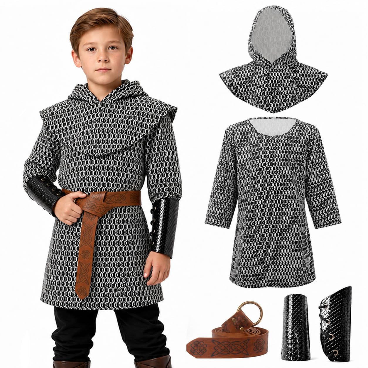 ZZXIAOJIE 4Pcs Kids Chainmail Knight Costume Medieval Tunic Bracers Outfit