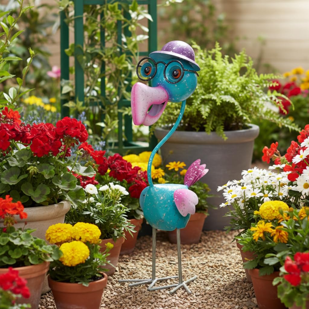 MF Professor Pico Vogel Gartenfigur aus Metall, 54 cm, Bunt mit Brille und Hut, Türkis Lila Pink, Handgearbeitete Dekofigur für Garten und Terrasse