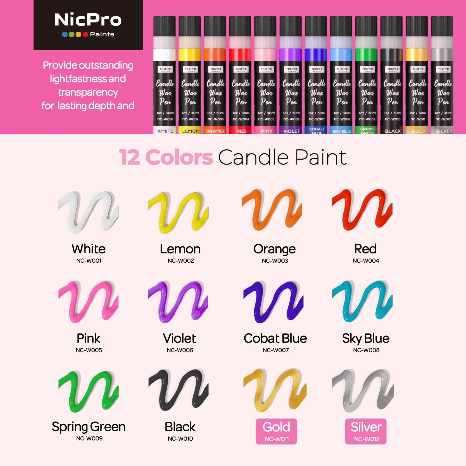 Nicpro Candle Wax Pen, 12 Colors 3D Candle Paint Include Glitter Silver Gold, Non-Toxic Candle Making & Painting Kit, Vibrant Colors Wax Paint for Crafts DIY Birthday Holidays Wedding Party 1-oz(30ml)