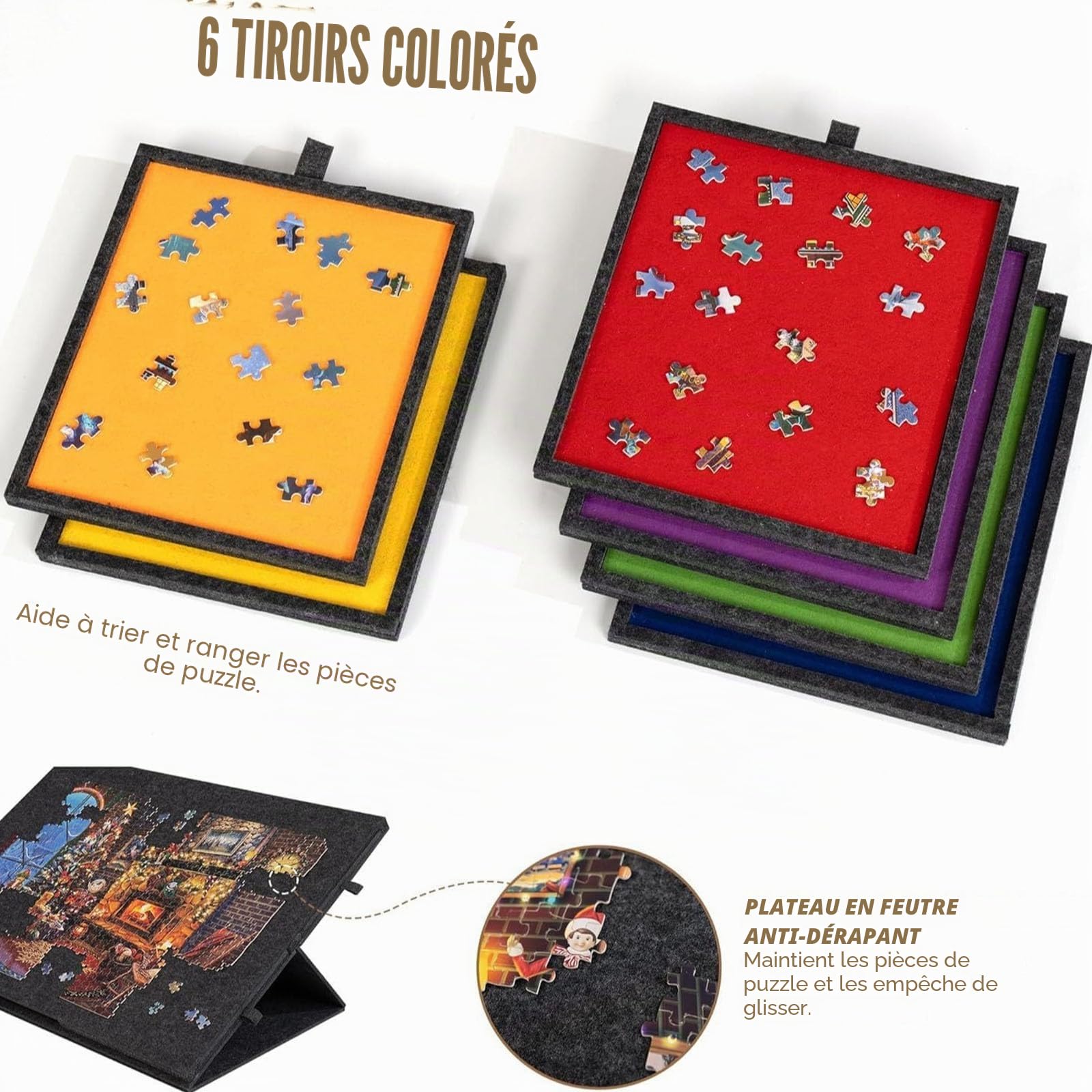 Plateau Puzzle avec 6 Tiroirs pour Puzzles Jusqu'à 1000 Pièces | Table De Puzzle Inclinable Avec Support Et Housse, Portable Pour Adultes Et Enfants