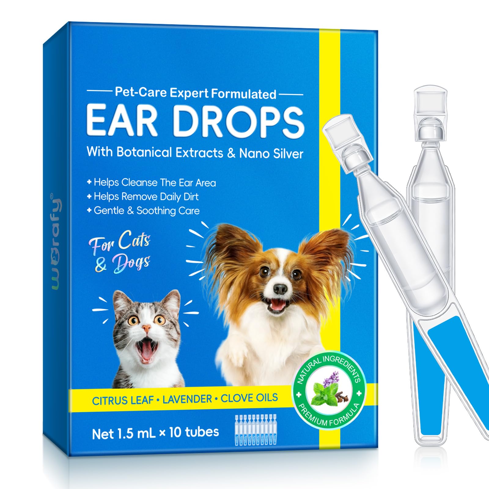 Ear Drops for Dogs - Cat Ear Drops with Botanical Extracts & Nano Silver | Dog Ear Drops for Gentle Cleansing & Soothing of the Ear Area | Gentle Otic Rinse for Dogs & Cats - 1.5ml*10 (1) (White)