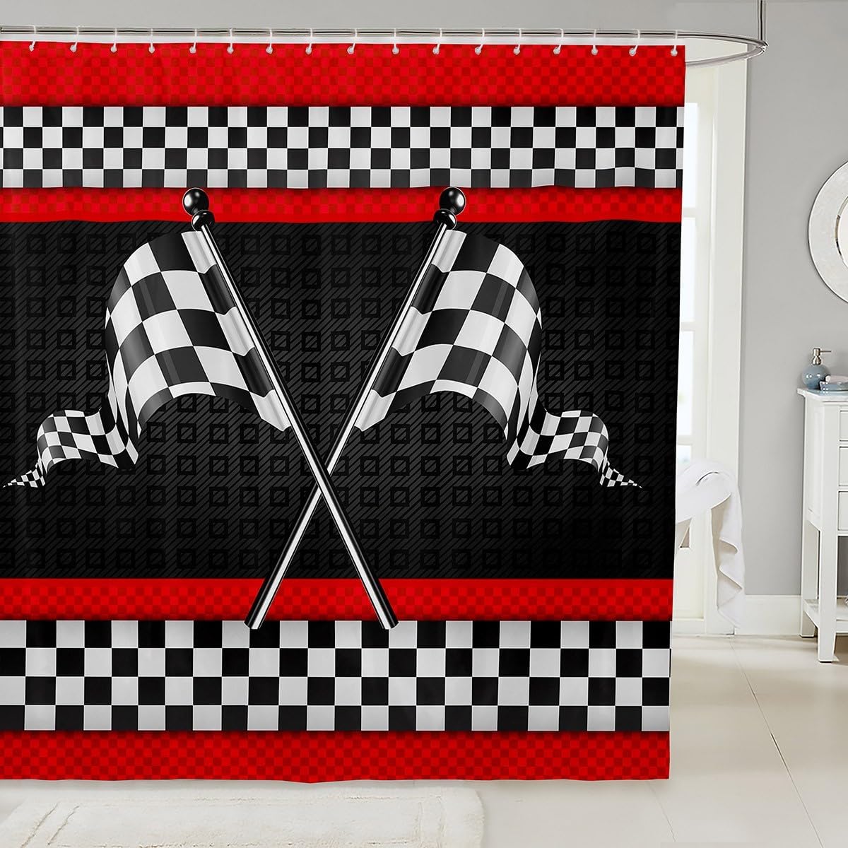 Race Car Themed Shower Curtain with Hooks,Black White Checkered Flag Print Room Decor Bath Curtain,Red Stripes Geometric Grid Plaid Bathroom Accessories Waterproof Fabric Panel, 72Wx84L inch