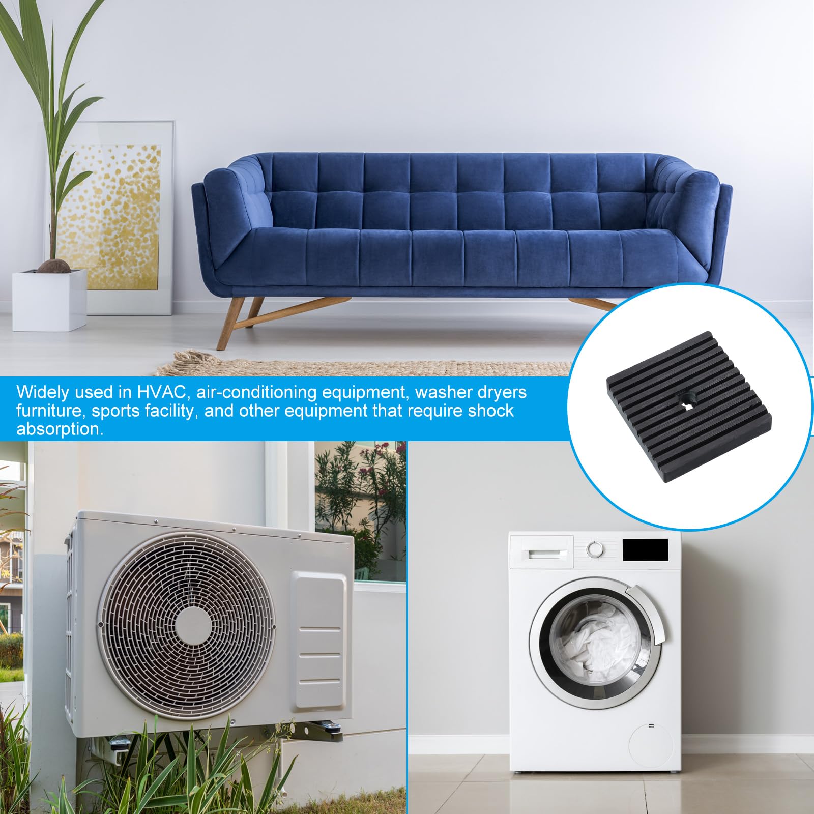 PATIKIL Tappetini antivibranti in gomma, 4 pezzi, con foro 4" x 4" x 0.8" per HVAC, condizionatori d'aria, compressori d'aria, lavatrici, asciugatrici, nero