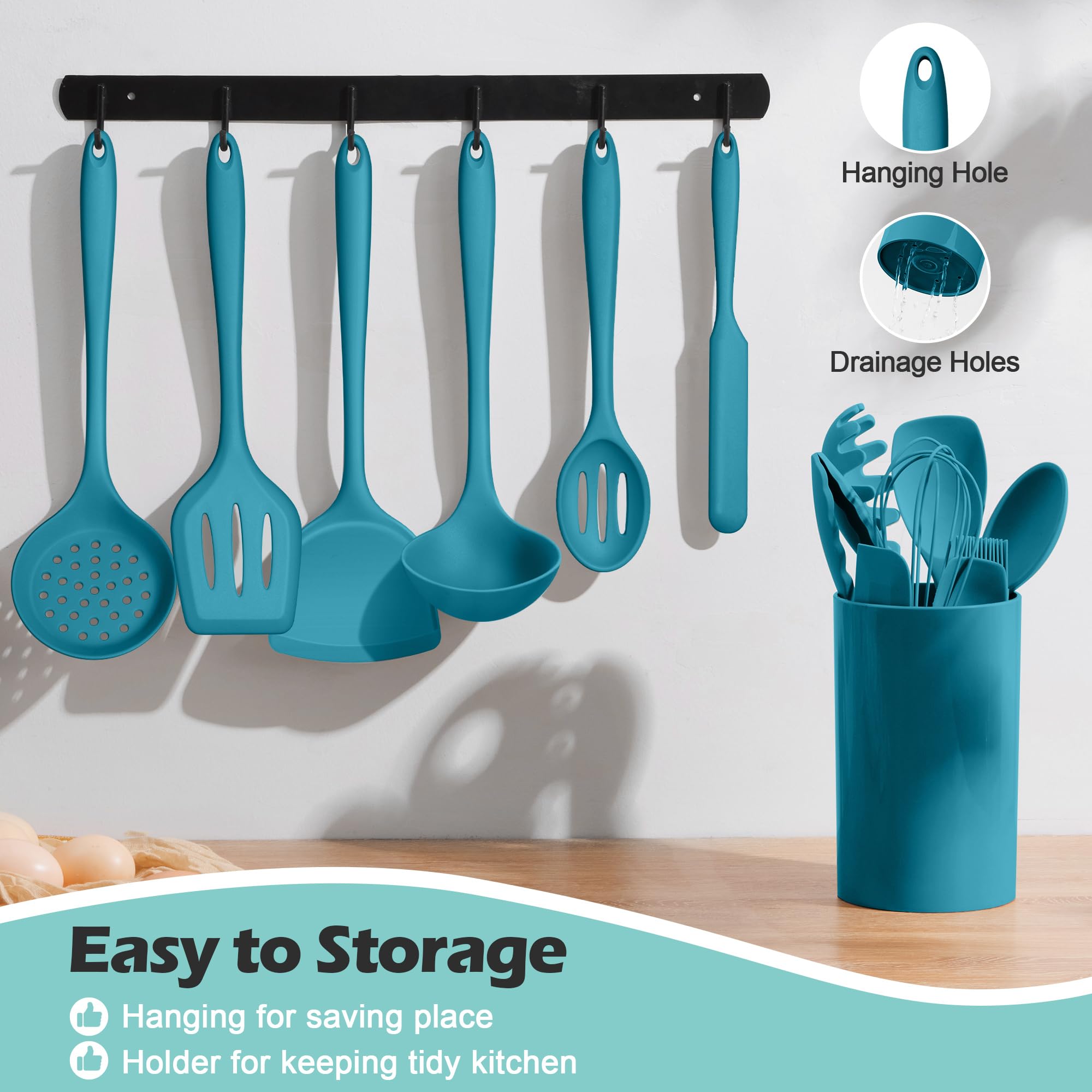 Homikit Set di utensili da cucina in silicone, 15 pezzi, antiaderenti e resistenti al calore, set di spatole con supporto, gadget da cucina, accessori per la casa, pentole e padelle, blu