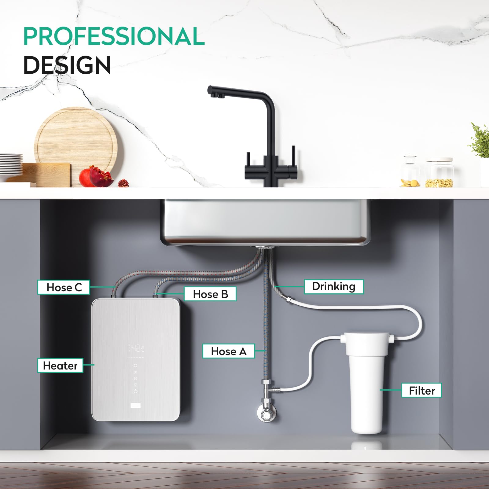 CREA Grifo de Cocina de Baja Presión, Grifo de Cocina 3 Vías | Grifo Cocina 3 Vías para Ósmosis Agua Fría y Filtrada, Fregadero con 2 palancas, Giratorio 360°, Negro Mate