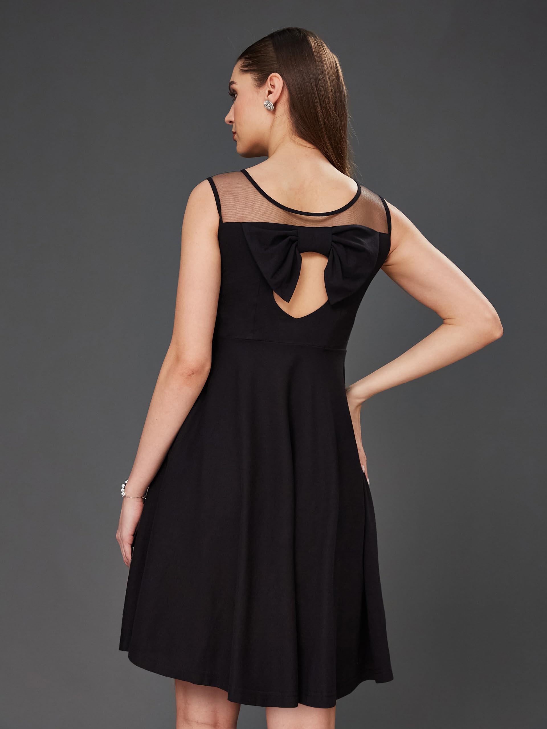 Miss Chase Women's Round Neck Sleeveless Back Cut Out Bow Mini Skater Dress (Mcss23D98-32-62-05, Black, L)