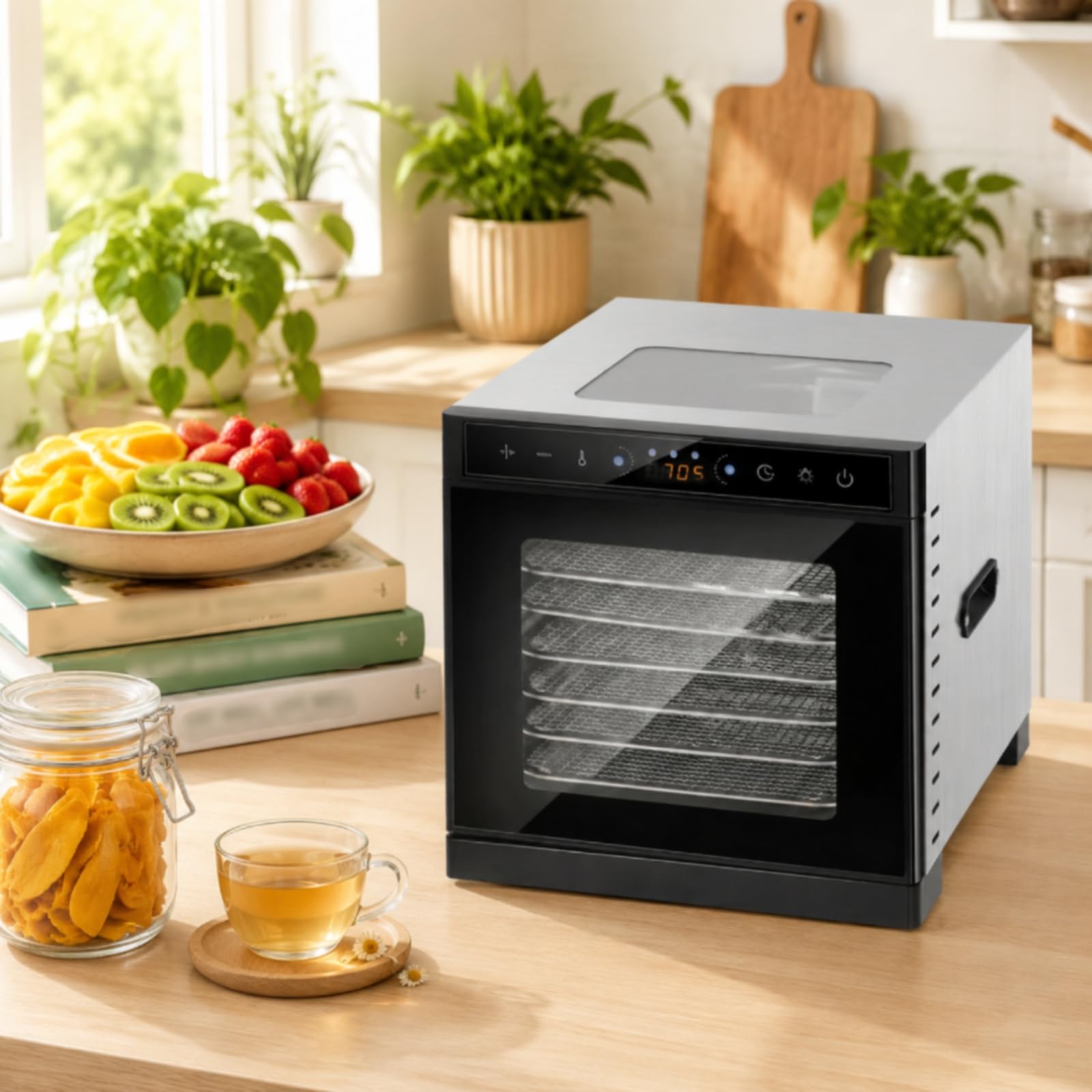 Essiccatore Cibo 400W Luce Interna Disidratatore Alimentare Timer Programmabile Elettrodomestico da Cucina, 8 Strati Con Finestra, Touch, Doppio Strato