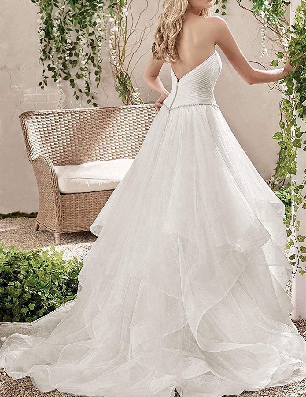 Senza Spalline A-Line Tulle Damigella d'Onore Abiti da Sera Backless con Sweetheart, Avorio, 44