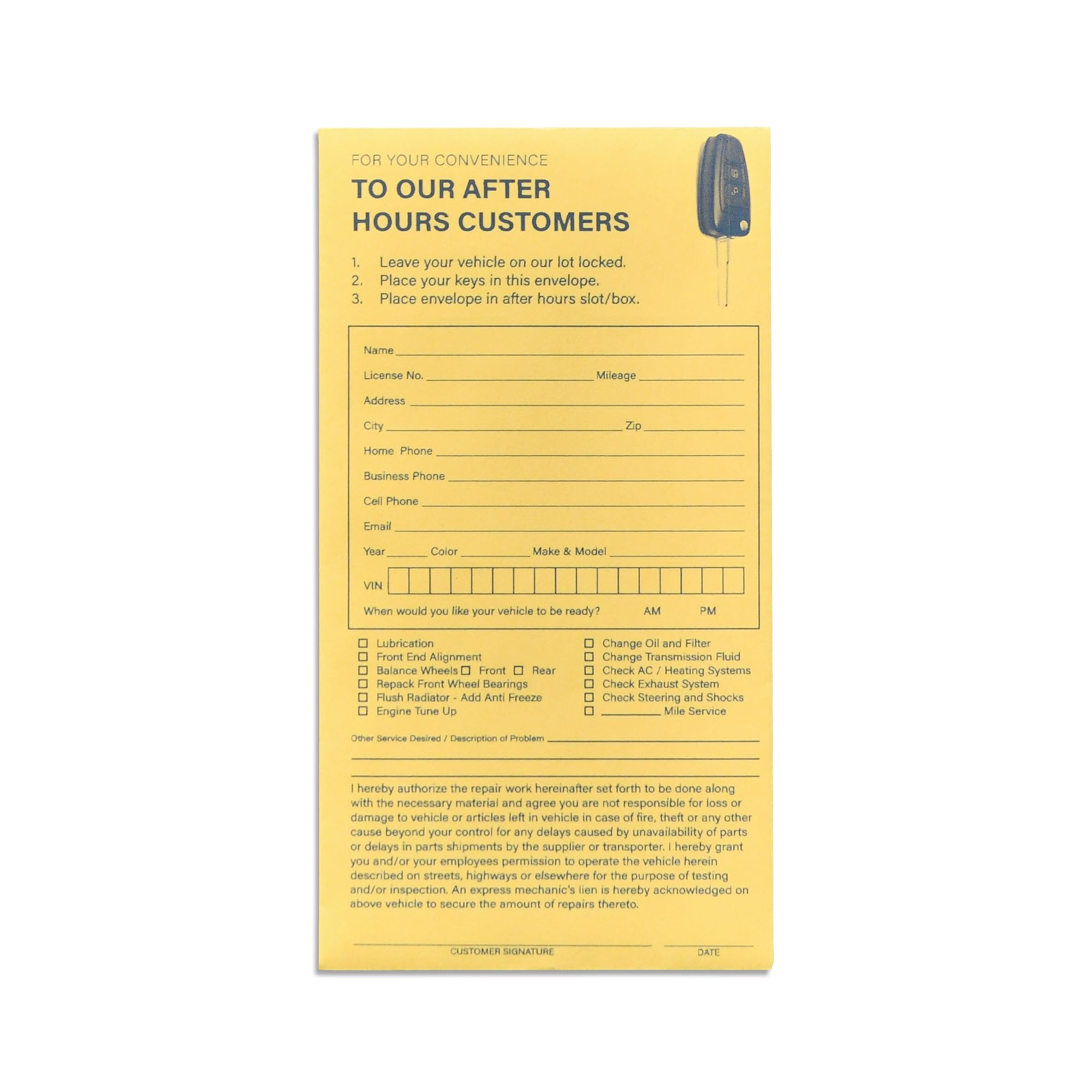 Key Drop Off Envelopes for After Hours Auto Shop Repair