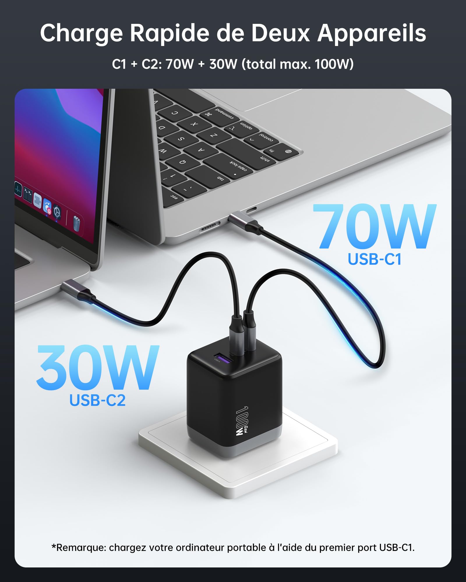 NOVOO 100W Chargeur USB-C Rapide，Prise USB C à 3 Ports, Adaptateur Compatible avec iPhone 16 Plus Pro Max, Galaxy PPS 45 W, S24 Ultra, S23, S22, Pixel, iPad, MacBook Air, Noir