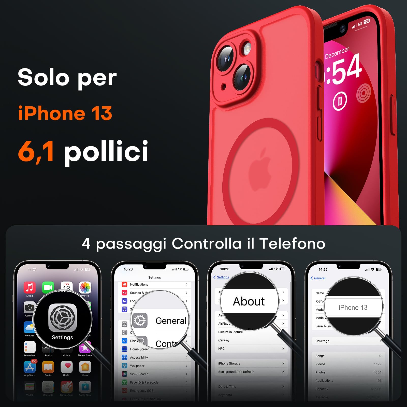 TOCOL Cover Magnetica per iPhone 13 6,1 Pollic, Compatibile con MagSafe, Protezione Fotocamera Integrata, Custodia Antiurto Traslucida Opaca, Rosso