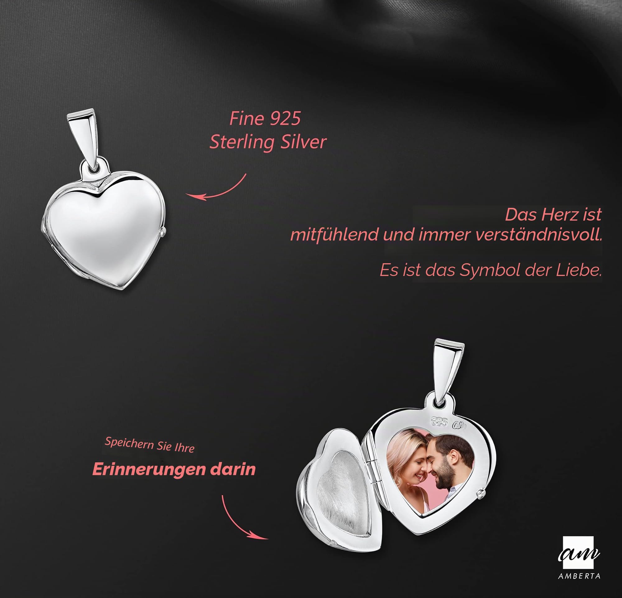 Amberta Medaillon aus 925 Sterling Silber - Anhänger in verschiedenen Formen für Damen - für Fotos und Edelsteine, Sterling-Silber