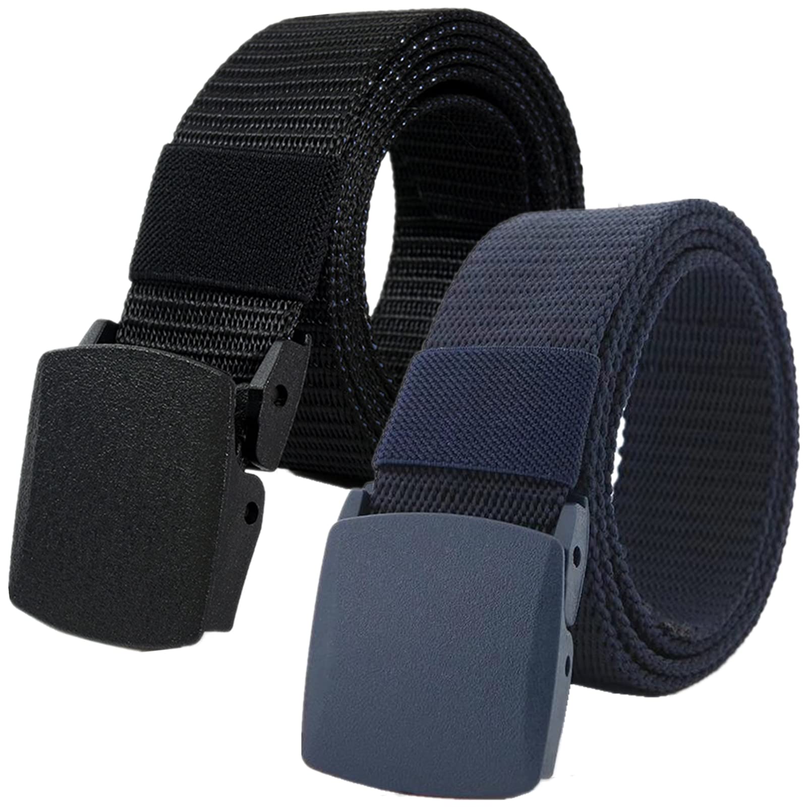 Cinturones de trabajo para hombre, Cinturones for hombres y mujeres, cinturón táctico de nailon ligero, tamaño de hasta 67 pulgadas con hebilla de plástico militar, 2 piezas(Black/Blue,160CM/63")