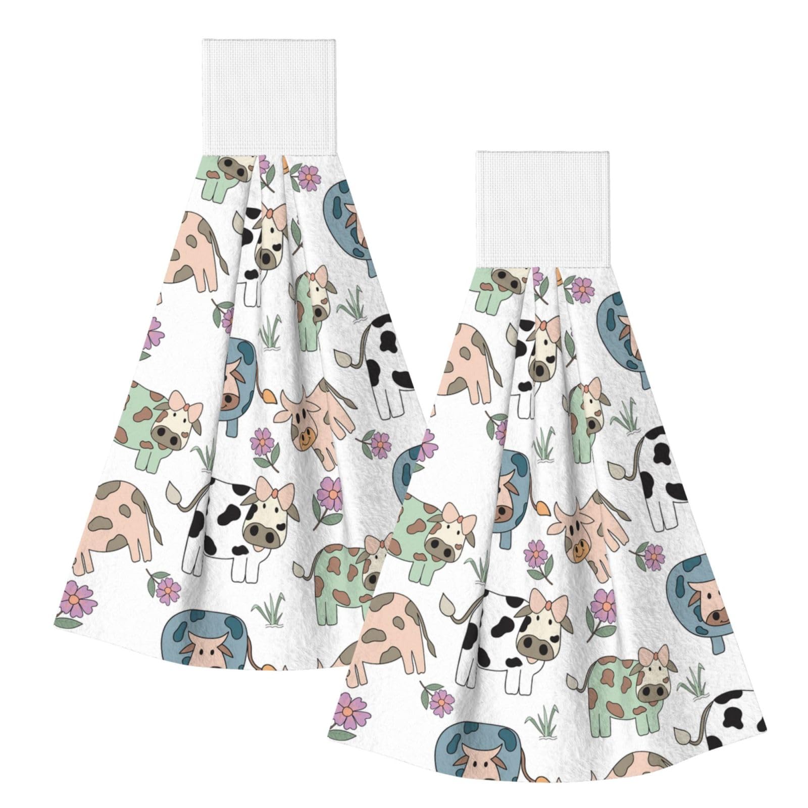 DOPKLNA Hand Drawn Cartoon Cow, 2 Pcs Hanging Coral Fiber Hand Towels for Bathroom, Absorbent Kitchen Towels