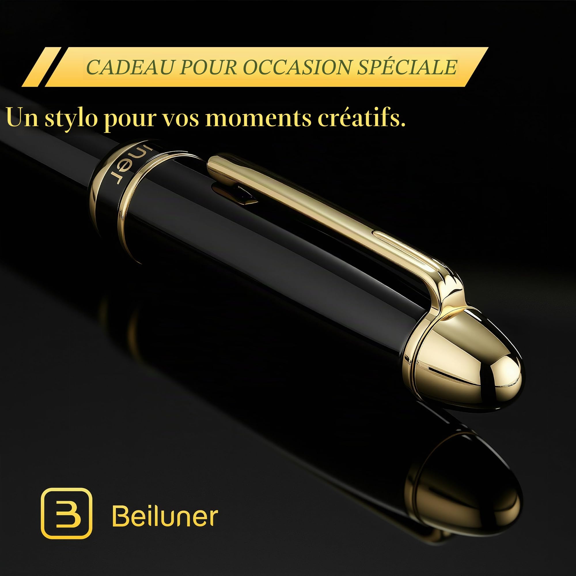 BEILUNER 315 Stylo Bille Roller de Luxe, Finition Or 24K Premium et Laqué Piano Élégant, Set Cadeau Cadre pour Professionnels et Diplômés, Stylo Bureau Raffiné - Noir & Or