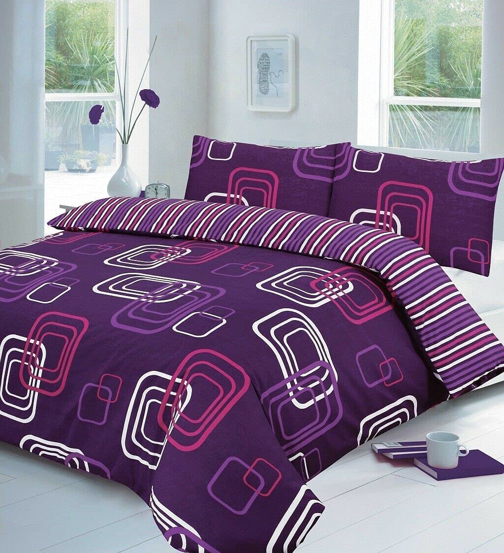 Bluemoon Bedding Plum Bluemoon Bedding® Blake Duvet Cover Set With Pillowcases Quilt Bedding Set Reversible Poly Cotton Single, Double And King Sizes (Double, )