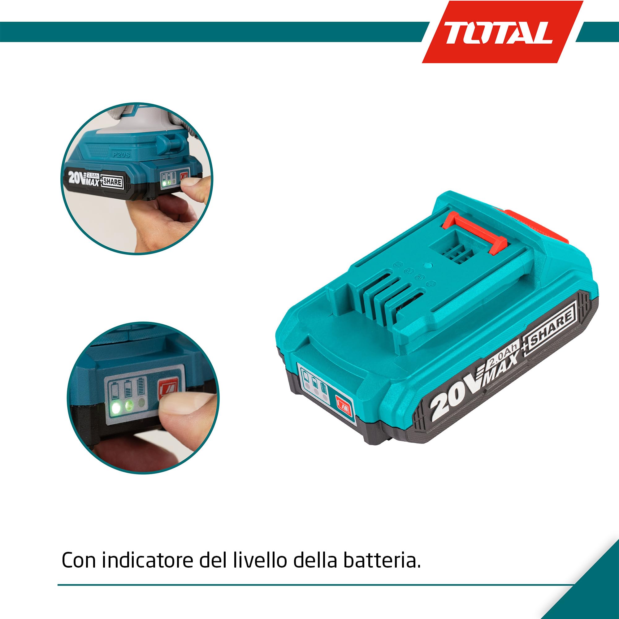 TOTAL - Batteria 2Ah 20V Compatibile con Corda Tapparelle 20mm, Uso Domestico, Leggera, per Cestino 12L, Cinghia Beige