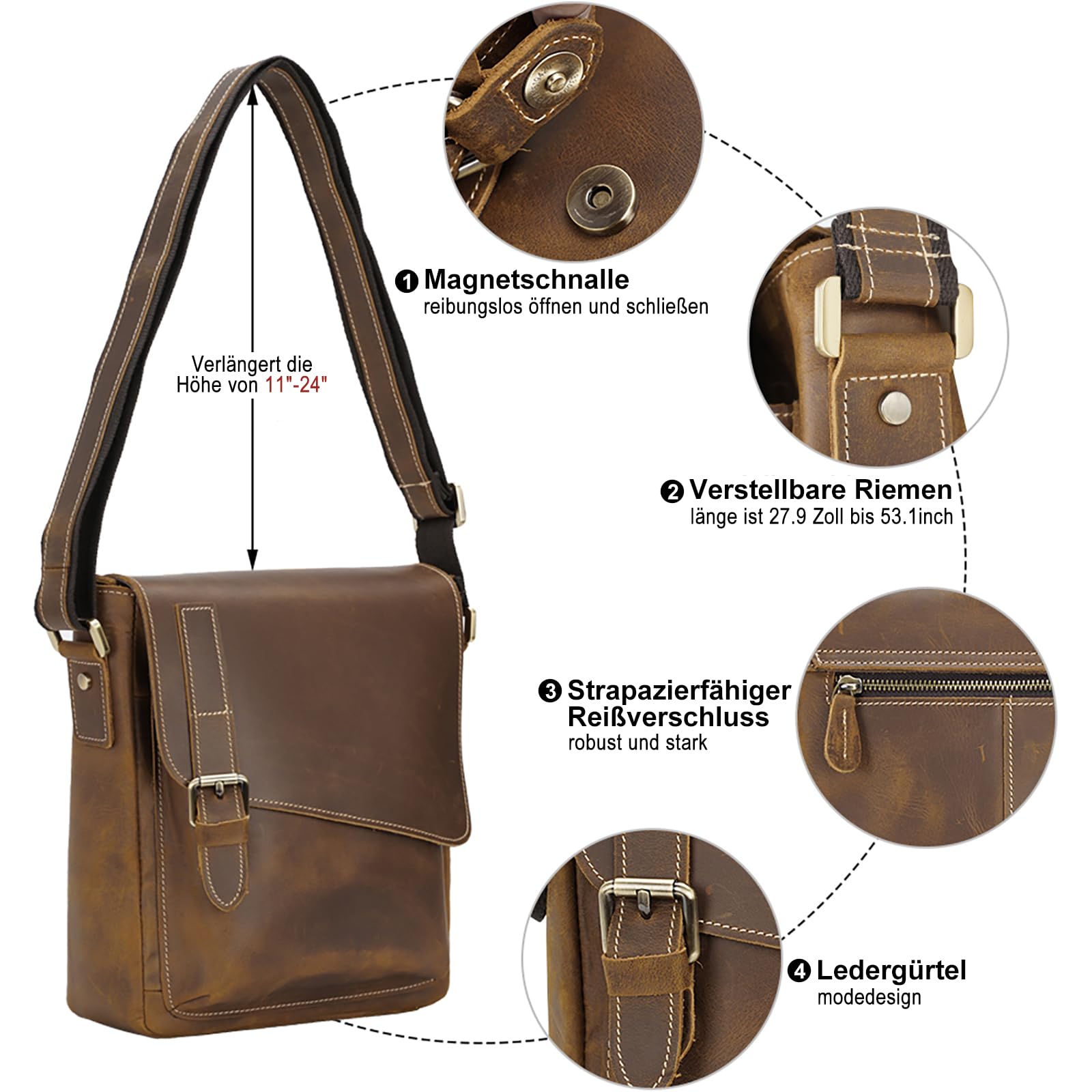 TIDING Leder Umhängetasche Herren Klein Schultertasche Vintage Herrentasche 9,7 Zoll iPad Tasche Messenger Bag aus Echtleder Tragetasche für Männer, Hellbraun