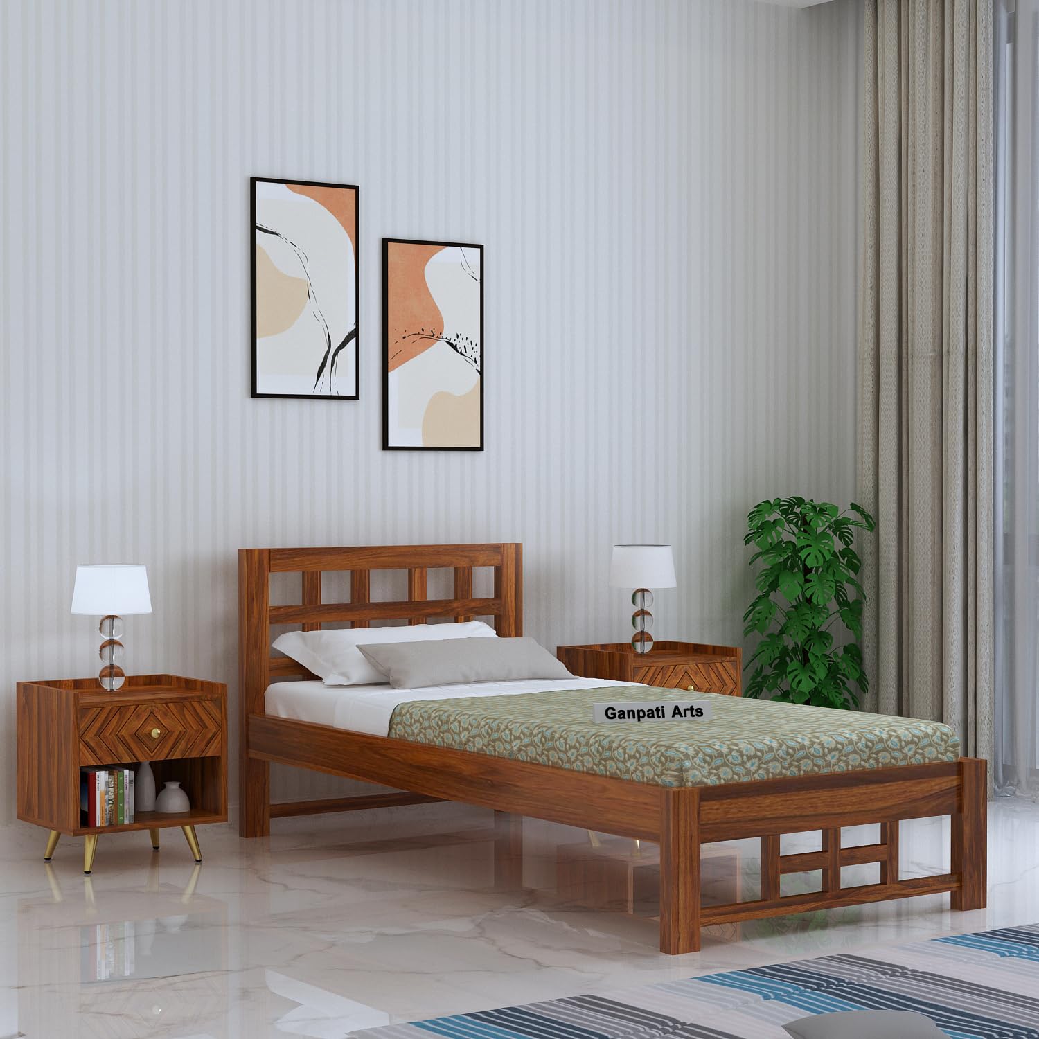 Ganpati Arts Sheesham Wood Simon Single Size Bed Wooden Furniture for Bedroom (Natural Finish)