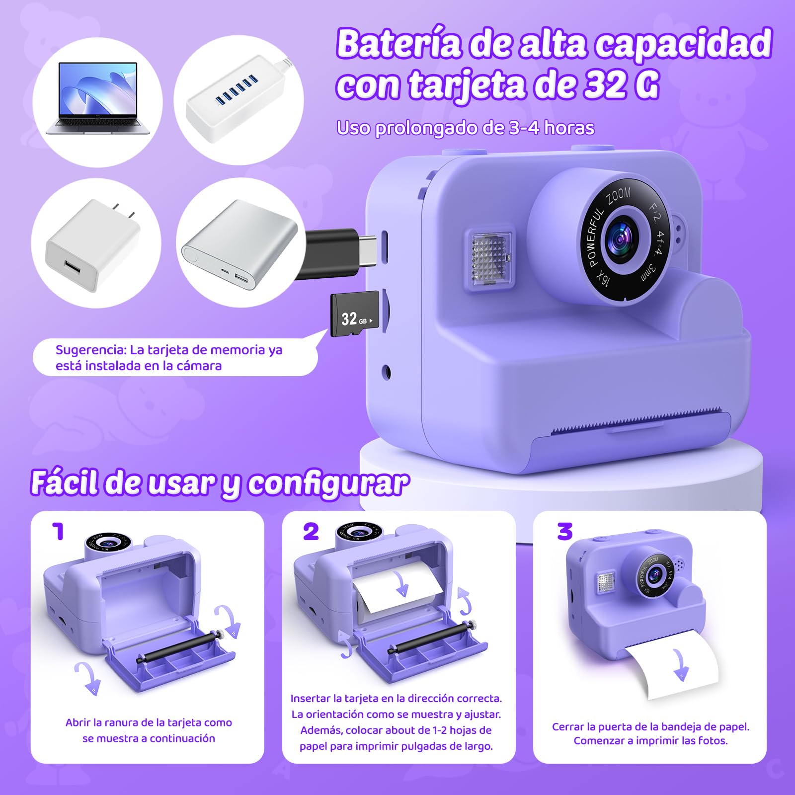 Cámara de Fotos Infantil Instantáneas - 1080P 2.4" Cámara Selfie Instantánea para Niños con Papel de Impresión y Tarjeta 32GB, Juguete Regalo Navidad para Niño y Niña de 3 a 12 Años (Morado)