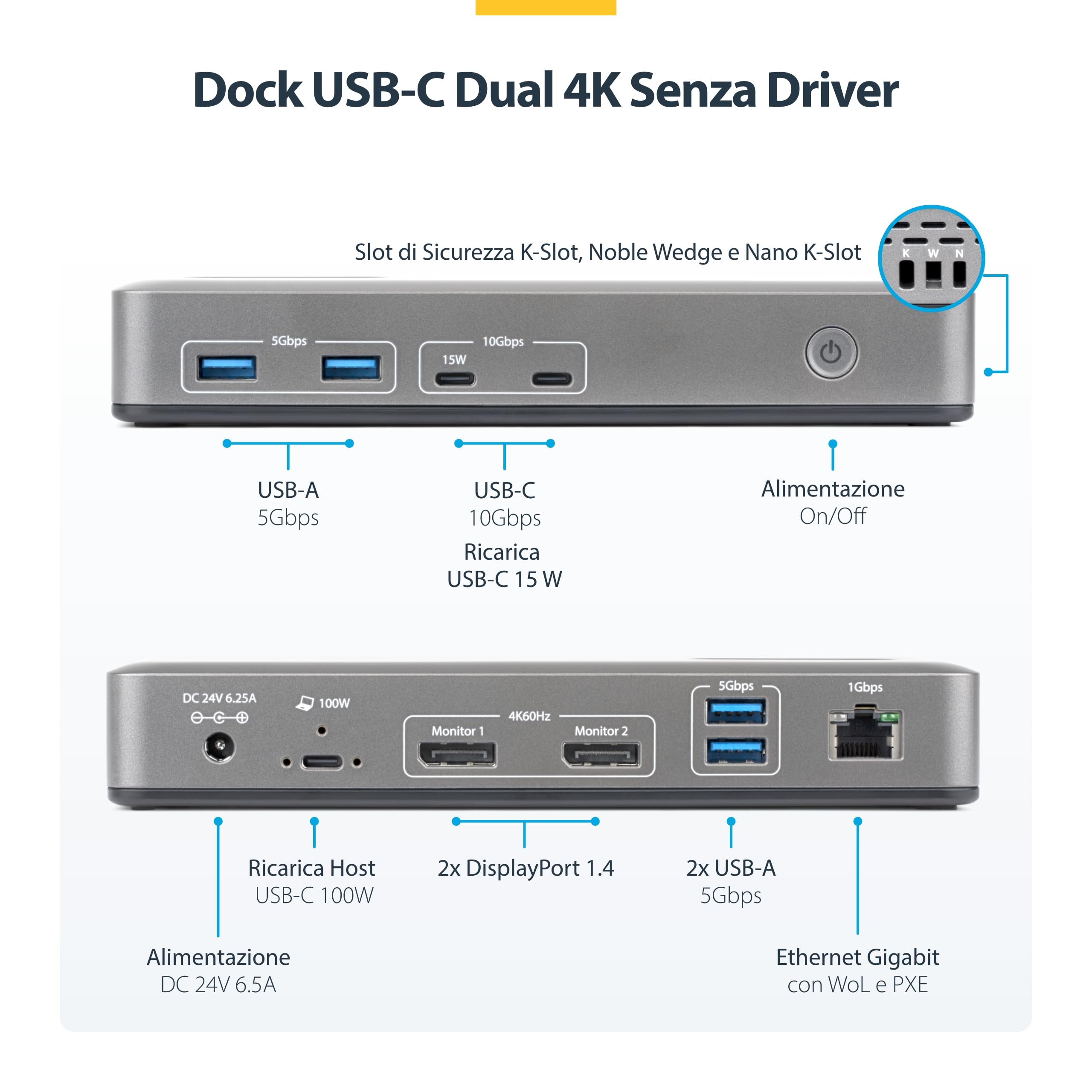 StarTech Dock USB-C Driverless Doppio 4K 60Hz DisplayPort, 100W, Bloccabile | Due uscite DisplayPort 4K a 60Hz, Ideale per laptop Windows, Power Delivery, Doppio monitor