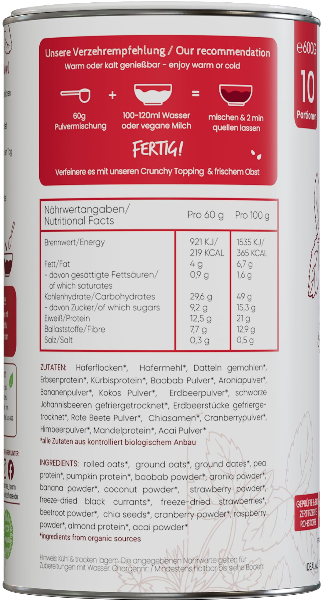 Bio Smoothie Protein Bowl Beere 600g | DE-ÖKO-006 | Ohne Süßungsmittel | Rein pflanzlich | Glutenfrei | Sojafrei | Vegan | Premiumqualität vom Bodensee | Made in Germany