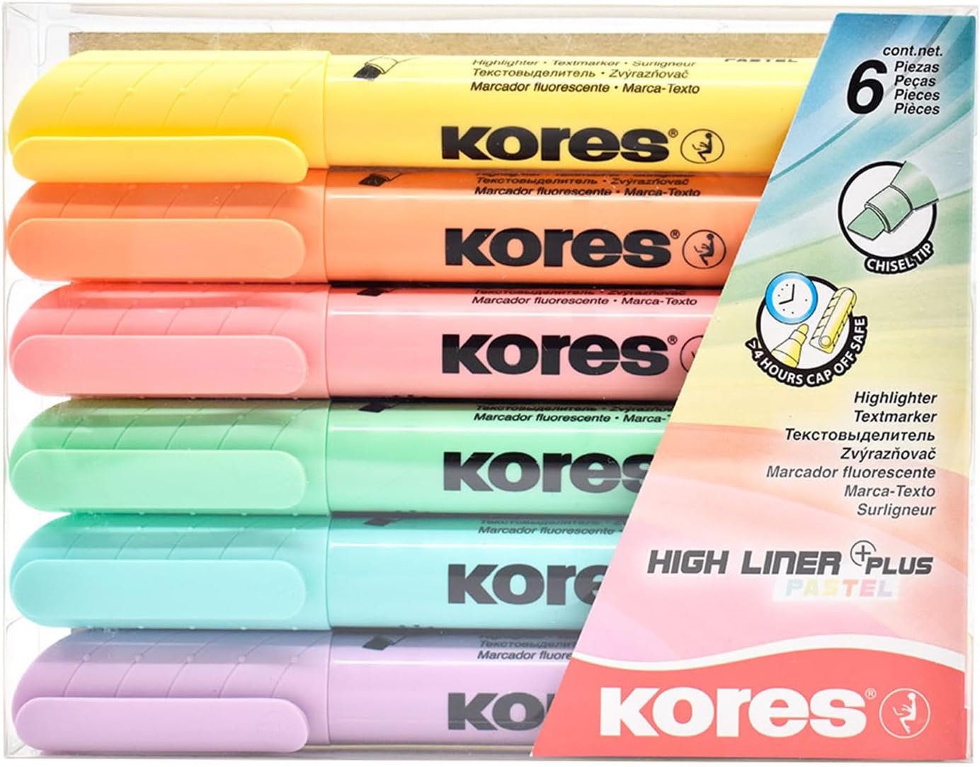 Kores - High Liner Plus: Pastel Highlighter Pens, Chisel Tip and Water-based Ink, School and Office Supplies, Set of 6 Assorted Colours