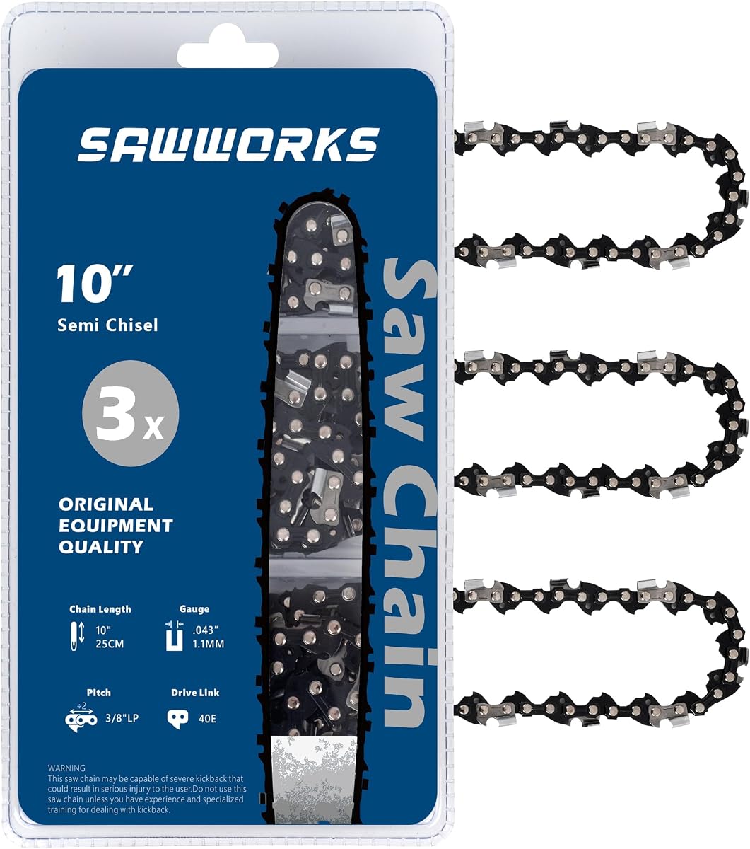 10 Inch Chainsaw Chain Fits Worx WG322, WG322.9, WG323, WG323.9 | Pole Saw Chain Replace Kobalt KPS 1040A-03, KPS 1040B-03, 3/8" LP Pitch .043" Gauge 40 Drive Links (3 Chains), Semi Chisel