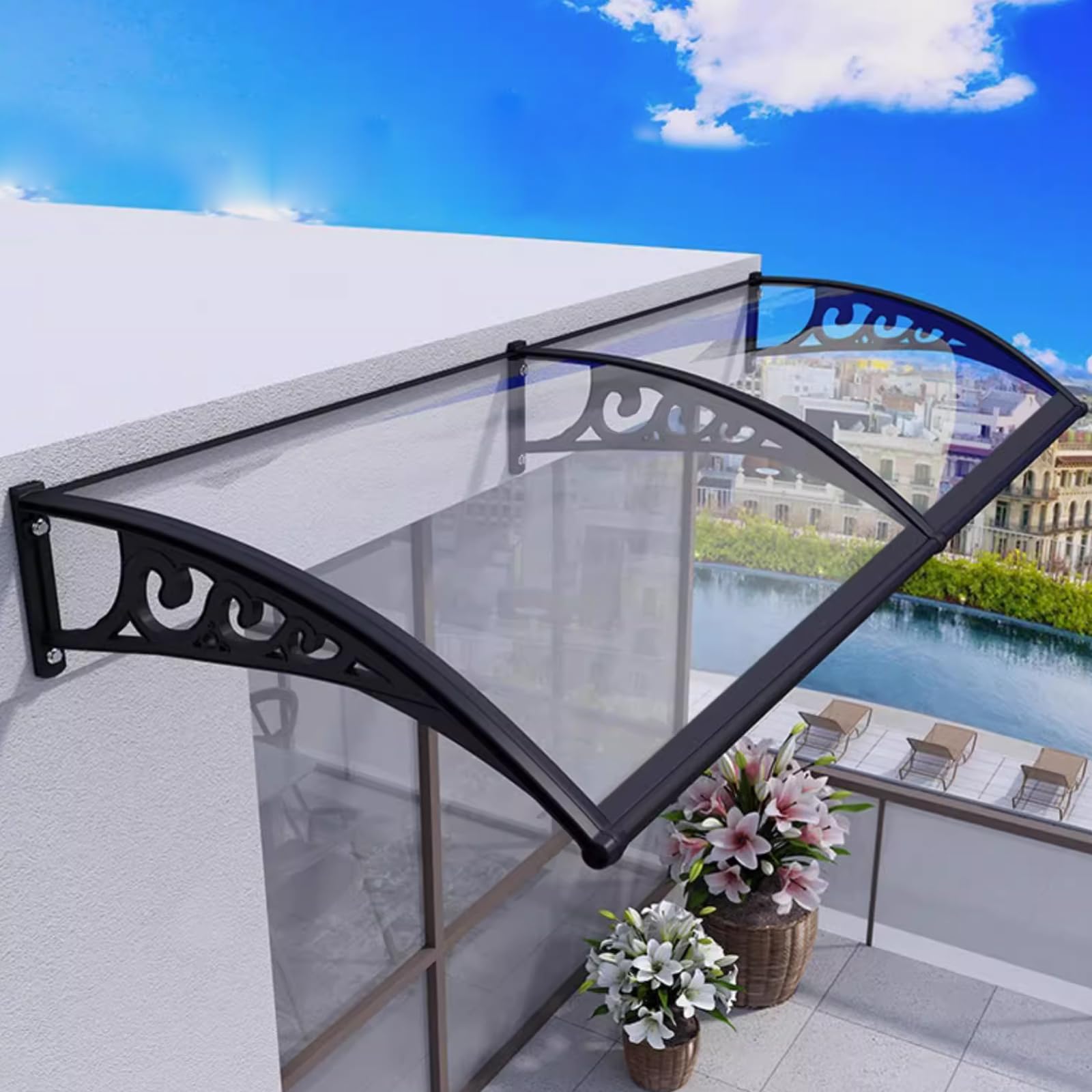 Curved Window Door Canopy,Self Cleaning Polycarbonate Cover,Patio Porch Awning Shelter,Transparent Front Door Canopy Outdoor Awning,Window Rain Shelter Cover,with Black Bracket (60x180cm/24"x71")